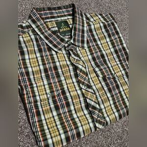 Prana Men's Large Snap Button Down Plaid Short Sleeve Shirt Organic Cotton